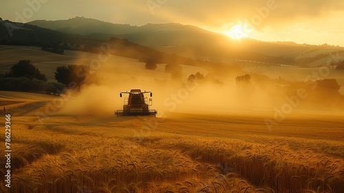 Combine harvester harvesting wheat at sunset in a field, under a beautiful sky