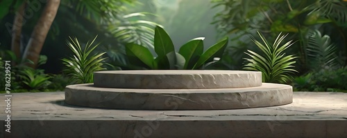 Tropical Leaf Backdrop With Natural Stone Podium Ideal For Showcasing Products 3d Rendering Background