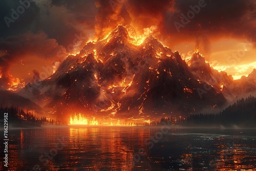 Global warming concept. Volcanoes, flood, fire on planet earth, climate warning photo