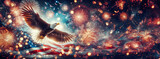 Banner Patriotic Eagle against American Flag and fireworks, Memorial Day, Proud
