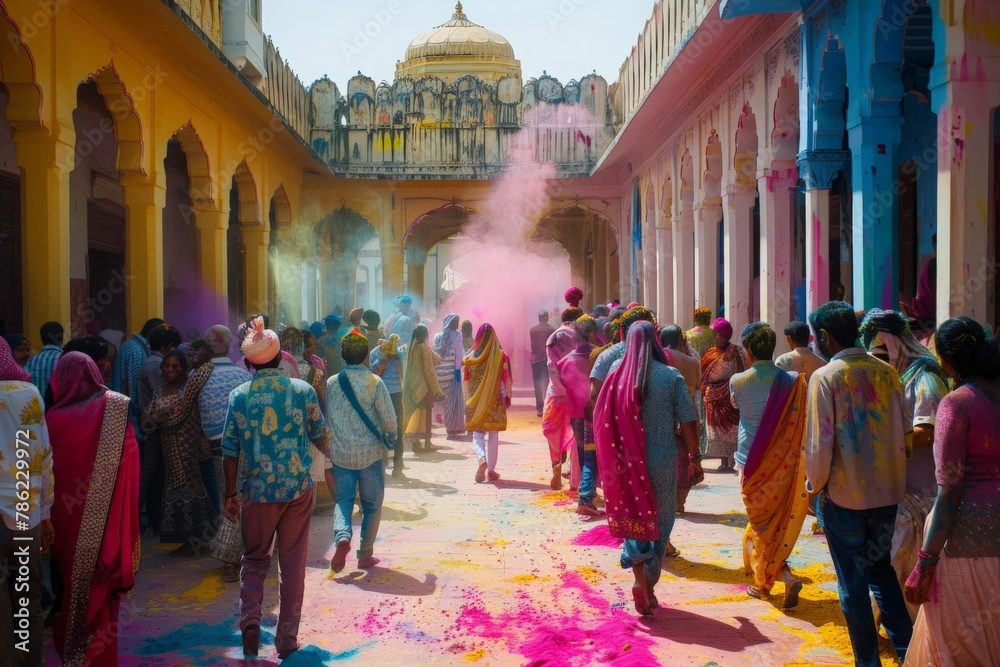 A group of people joyfully walking down a street, enveloped in a rainbow of colored powder, spreading cheer and celebration.