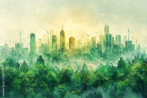 Green city with ecological infrastructure. Wind turbines on a grass field  watercolor illustration 