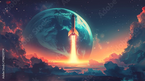 Vibrant flat design of a rocket soaring above Earth, minimalist style, bold colors with dynamic motion feel, ideal for startup themes