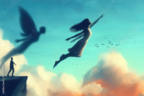 woman is flying in sky with a man in background