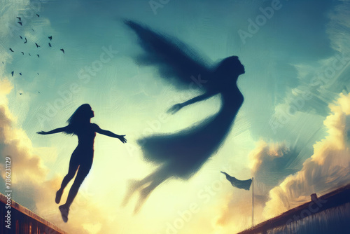 woman is flying in sky with fairy on her back