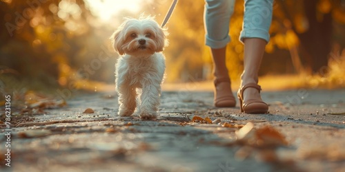 A cute white poodle puppy enjoys a playful walk in the park with its owner, bringing joy and happiness.