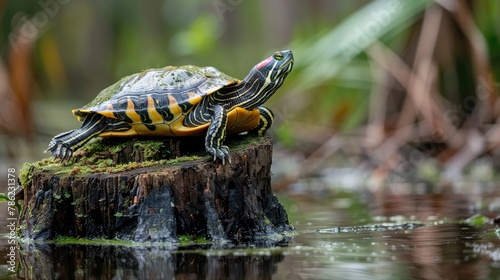 A yellow bellied slider turtle resting on a cypress tree stump at Greenfield Lake in Wilmington North Carolina © 2rogan