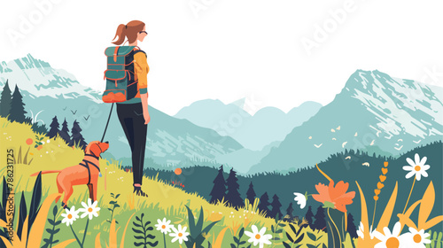 Woman hiking in nature on journey. Hiker person trave photo