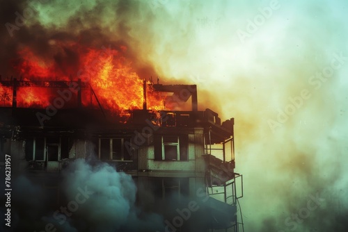 Building engulfed in flames, firefighters battling blaze amidst smoke and chaos