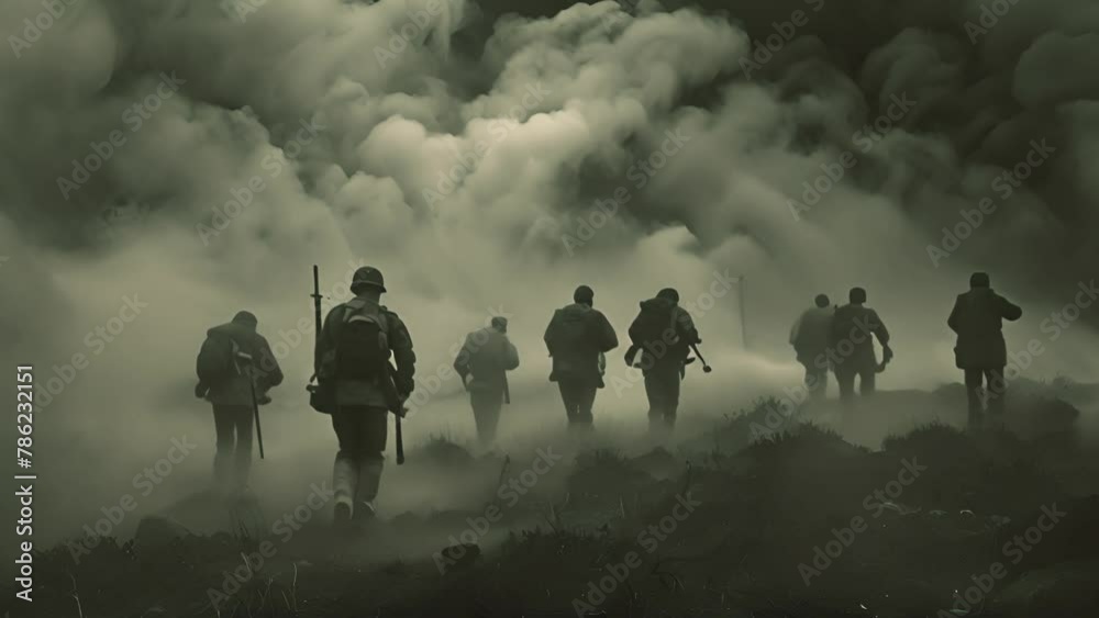 Silhouettes of army soldiers in the fog, marines team in action, surrounded fire and smoke, shooting with assault rifle and machine gun, attacking enemy 4k video. War zone