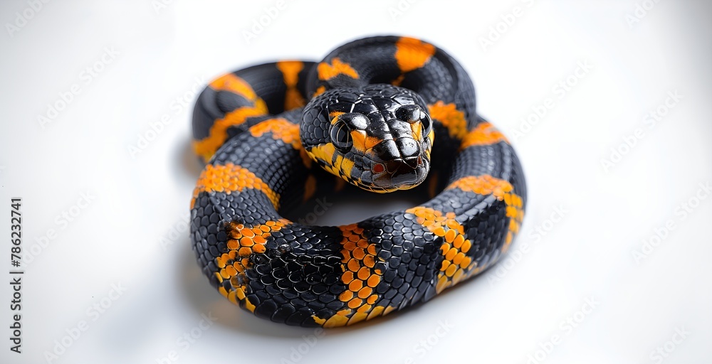 Obraz premium Coiled Snake Exhibiting Vibrant Black-and-Yellow Scales