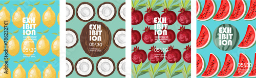 Posters for an exhibition, festival of abstract art: music, literature or painting, with fruit. Vector illustration in hand drawn style. Background for flyer, advertisement, poster.