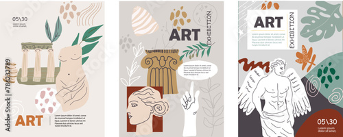 Abstract art posters for an art exhibition: music, literature or painting. Vector illustrations of shapes, portraits of people, hands, spots and textures for backgrounds © Natalia