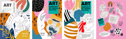 Abstract art posters for an art exhibition: music, literature or painting. Vector illustrations of shapes, Greek antique sculpture, old statue, hands, spots and textures for backgrounds. © Natalia
