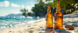 Cold Beer on a Sunny Beach, A Refreshing Summer Holiday Concept with Ocean Background