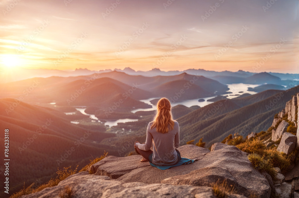 Banner girl sits on edge cliff and looking at sun valley and mountains.