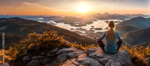 Girl sitting on top mounting and enjoying yellow sunrise. Hiking woman relaxing