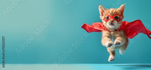 A Felidae in a red cape and mask is flying with sunglasses and whiskers