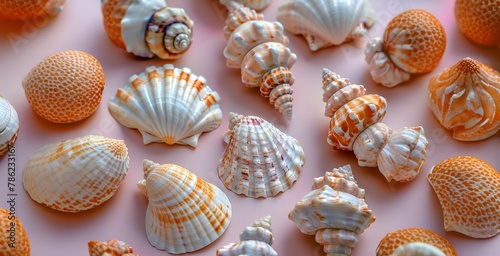 Various Seashells Scattered on Pink Background photo