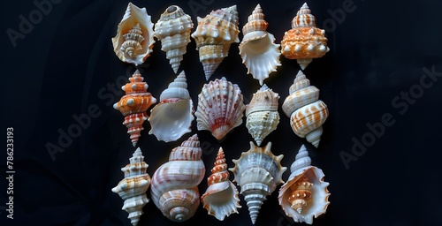 Collection of Various Seashells on Dark Background photo