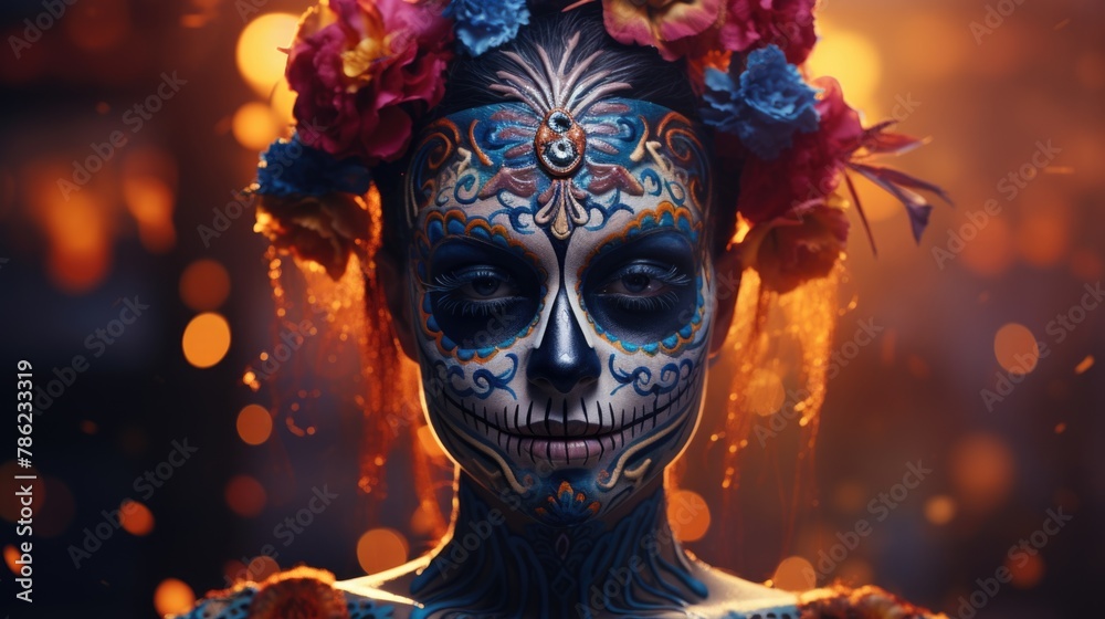 Vibrant Day of the Dead Celebration Makeup and Flowers