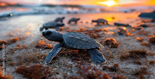 Baby Sea Turtle Crawls on Sunset Beach