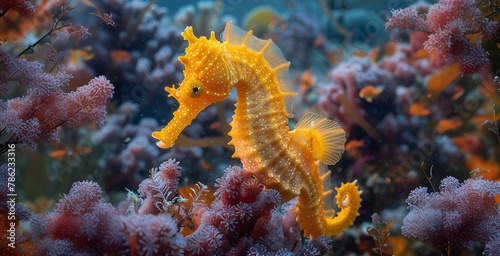 Yellow Seahorse Swimming Amidst Colorful Coral Reefs © monsifdx