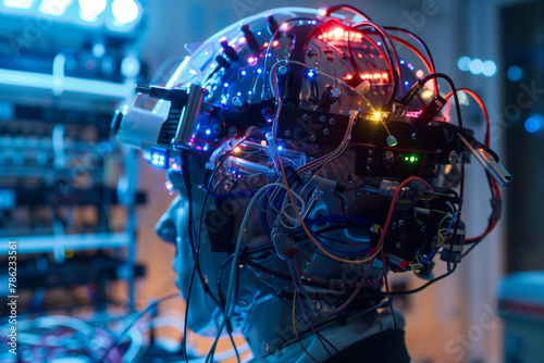 brain-computer interface in action, with electrodes monitoring neural signals, showcasing the futuristic possibilities of neuroscience and high-tech innovation in a high-tech style photo