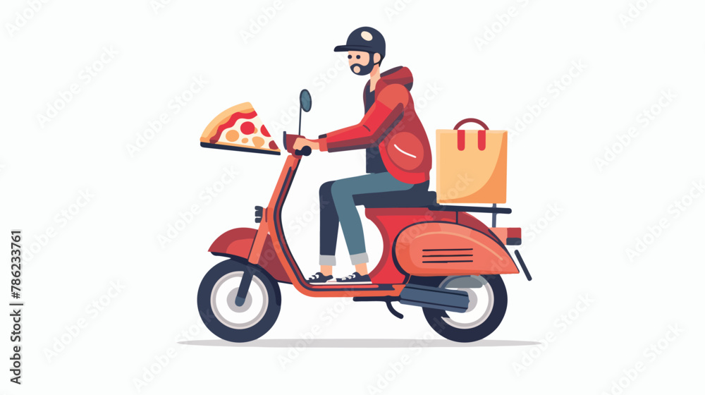 Young man on a scooter delivering pizza. Flat style illustration