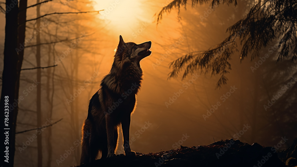 Fototapeta premium silhouette of a wolf in a misty autumn forest landscape view of wildlife