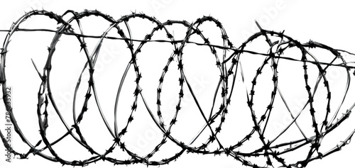 stretched barbed wire fence on white background