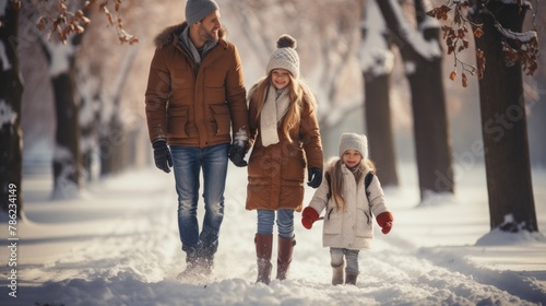 Winter Family Walk in Snowy Park with Warm Clothing © Anastasiia