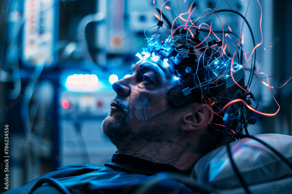 brain-computer interface device being tested on a patient, illustrating ...
