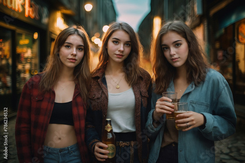 drunken or intoxicated teenagers  young girls outside on a side street  group of female friends in free time  drinking alcohol and celebrating and partying