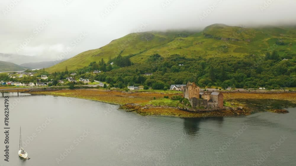 Aerial Pan of Scottish Castle on Loch in the Scottish Highlands, Scotland, United Kingdom, Europe Aerial Pan of Scottish Castle on Loch in the Scottish Highlands, Scotland, United Kingdom, Europe
