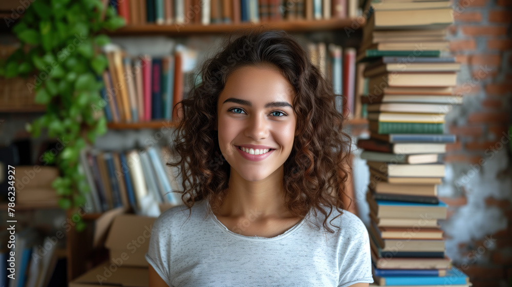 Portrait of a joyful young woman with curly hair smiling in a home library. Portrait of a joyful young woman with curly hair smiling in a home library.