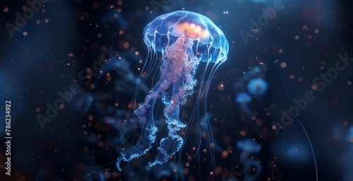 Glowing Blue Jellyfish with Long Tentacles Surrounded by Tiny Light Particles