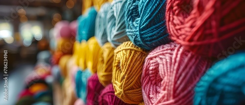 Vibrant Yarn Palette Awaits Crafters. Concept Yarn, Crafts, Knitting, Crocheting, DIY photo