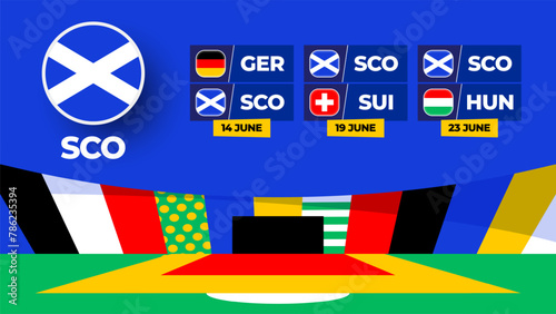 Scotland football 2024 match versus set. National euro team flag 2024 and group stage championship match versus teams.