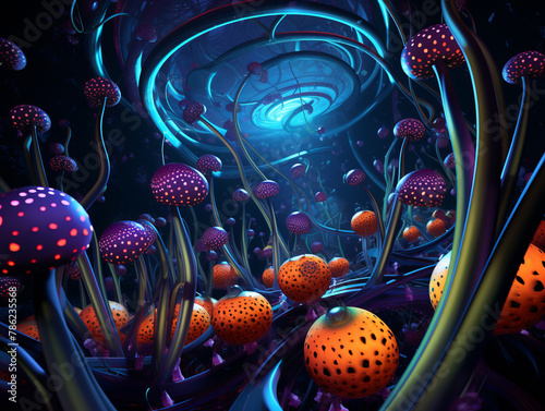 Mystical glowing mushrooms in an alien world photo