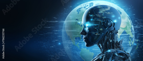 An intricate cybernetic being contemplates a digital Earth, embodying the fusion of advanced artificial intelligence with global connectivity.