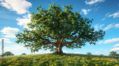 3d render  a tree growing in the center of a dry vs green field High quality photo