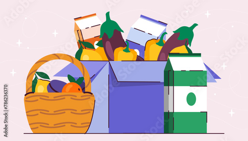 Fruits in a basket and boxes, on a soft pastel background, portraying a concept of food delivery. Flat vector illustration