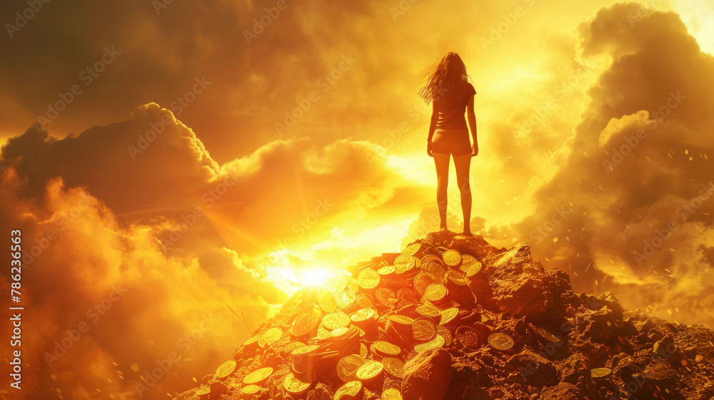Woman standing on huge pile of gold on top of a mountain, dreams of becoming rich concept