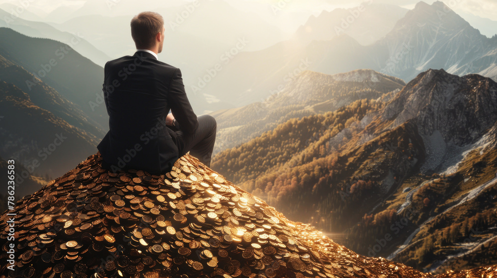 Young man sitting on pile of golden coins, venture investment concept - obrazy, fototapety, plakaty 