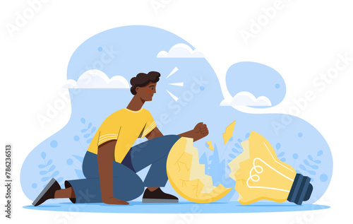 A man sitting beside a broken lightbulb, flat design, on a blue background, conveying a concept of failure or a setback. Flat cartoon. Vector illustration