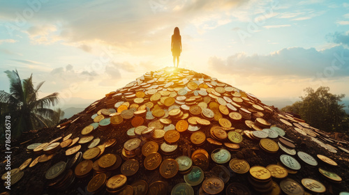 Woman standing on huge pile of gold on top of a mountain, dreams of becoming rich concept photo