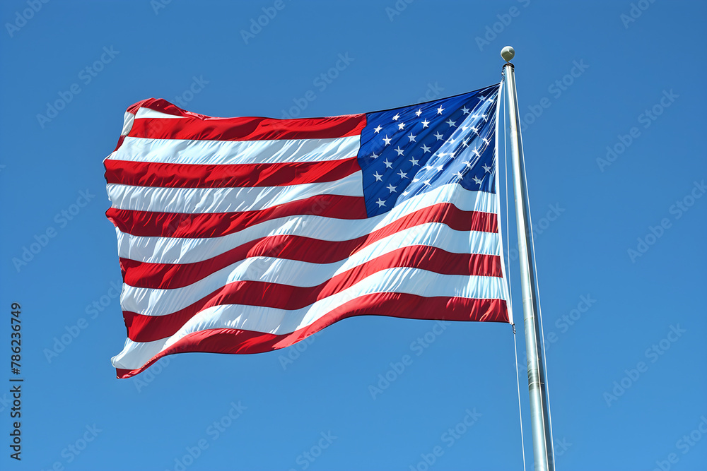 Obraz premium A dynamic and patriotic image of the American flag waving in the wind, symbolizing national pride and freedom. Suitable for use in government, military, and historical contexts.