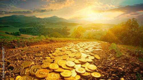 Footpath covered with golden coins - richness, success, extreme wealth concept