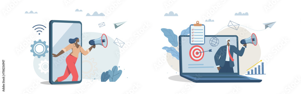 Set of promote communication with customers, Sending important messages, Marketing activities with social media campaigns, Business marketing materials, Advertising team announces with megaphone. Set of promote communication with customers, Sending important messages, Marketing activities with social media campaigns, Business marketing materials, Advertising team announces with megaphone.